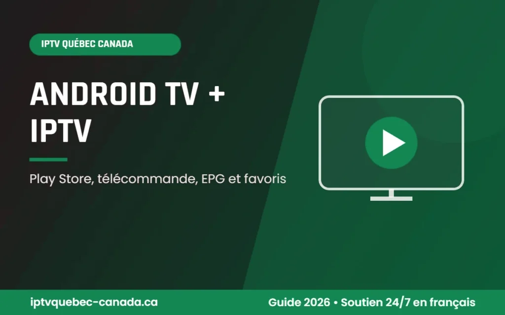 IPTV Québec Canada Android TV : écran d'accueil Android TV avec lecteur IPTV en favori