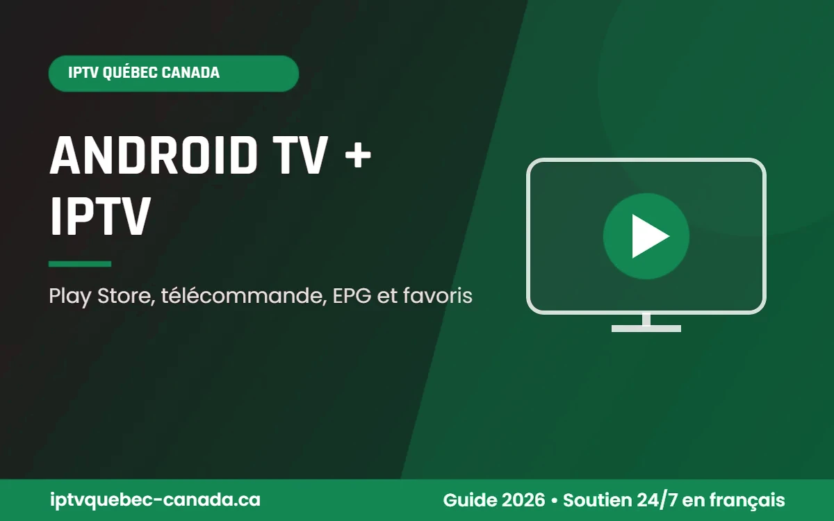 IPTV Québec Canada Android TV : écran d'accueil Android TV avec lecteur IPTV en favori