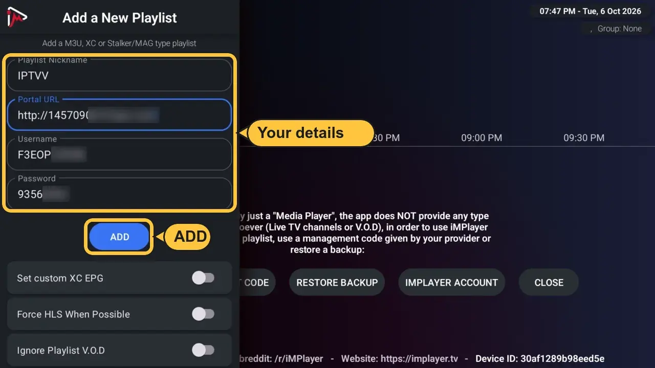 Connexion iMPlayer remplie